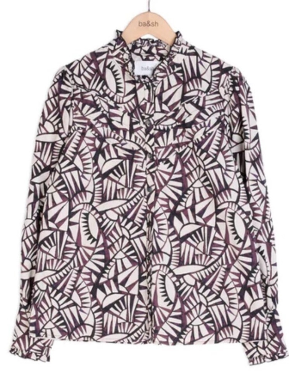 ba&sh Frill Collar Print Blouse Geometric Abstract Ruffle Cotton Lady Top ASO M